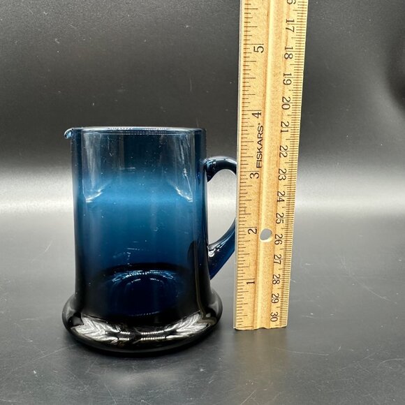 Vintage Hand Blown Blue Glass Pitcher Creamer Spout Applied Handle Art Glass - Picture 9 of 9